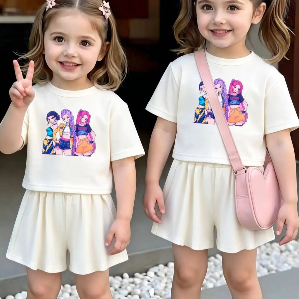 Ensemble 2 pièces filles – T-shirt imprimé cartoon & short à volants, jogging été 1-7 ans