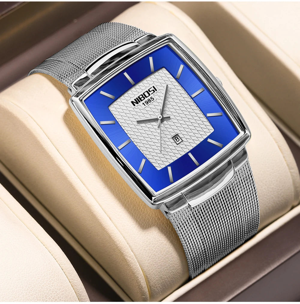 NIBOSI Montre Homme Luxe Carrée Quartz — Maille Ultra-Fine, Étanche, Lumineux