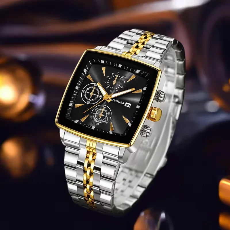 Montre Homme Luxe Carrée Quartz — Acier Inoxydable, Calendrier, Business (Sans Boîte)