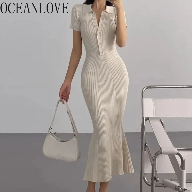 OCEANLOVE Robe Longue Tricotée Sirène Volantée — Boutons, Sexy, Printemps Été