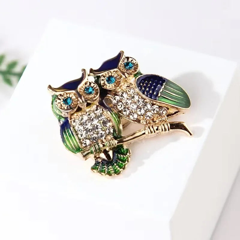 Broche Hibou Double Strass Rhinéstone — Badge Animal, Décoration Costume Femme