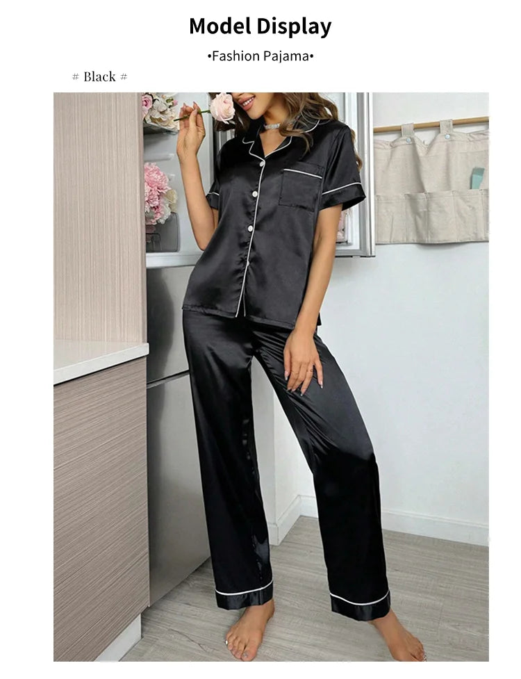 Pyjama Femme Satin Automne 2 Pièces — Haut Boutons Manches Courtes & Pantalon, Doux