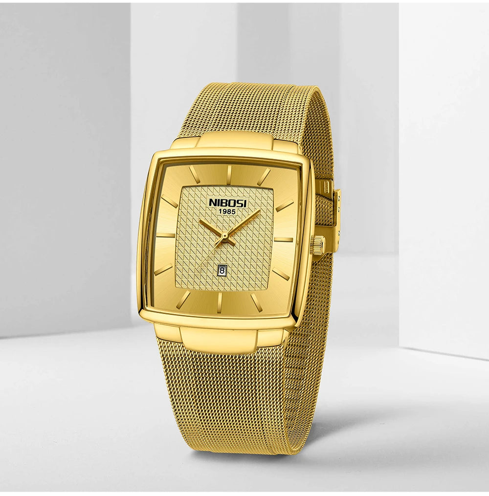 NIBOSI Montre Homme Luxe Carrée Quartz — Maille Ultra-Fine, Étanche, Lumineux