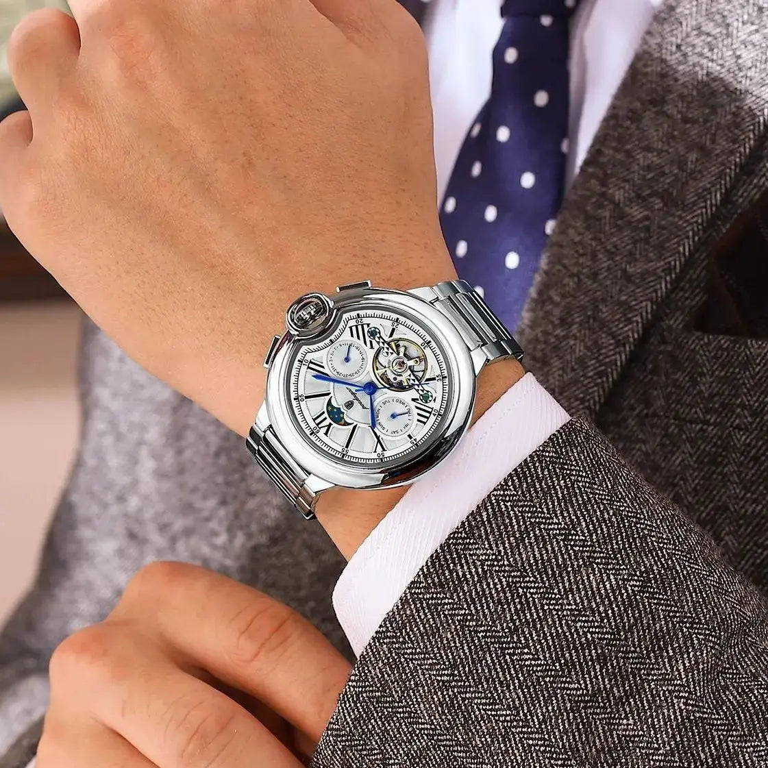 POEDAGAR Montre Automatique Homme Luxe — Tourbillon, Acier, Date & Semaine, Étanche