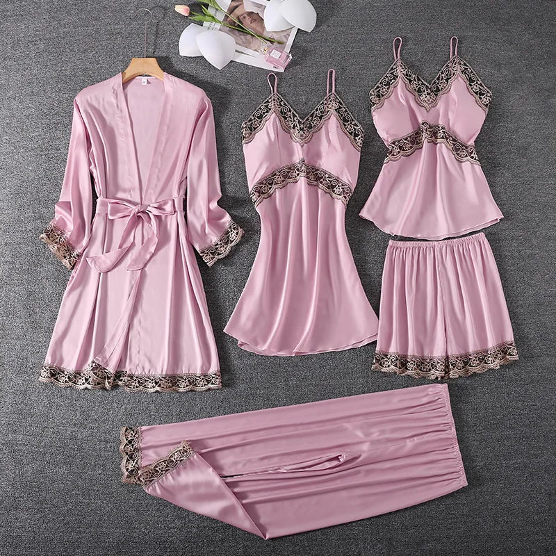 Ensemble Pyjama Femme 5 Pièces Grande Taille — Style Européen, Printemps-Automne