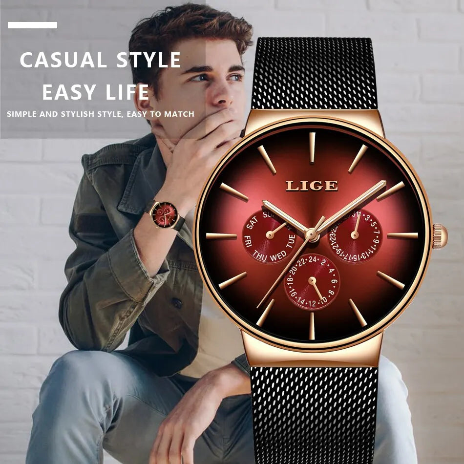 Montre Homme LIGE Luxe Quartz — Maille Acier Ultra-Fine, Étanche, Sport
