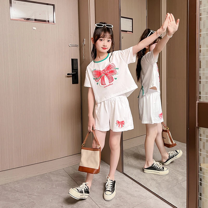 Ensemble 2 pièces filles – T-shirt imprimé nœud manches courtes & short sport, tenue été 2025