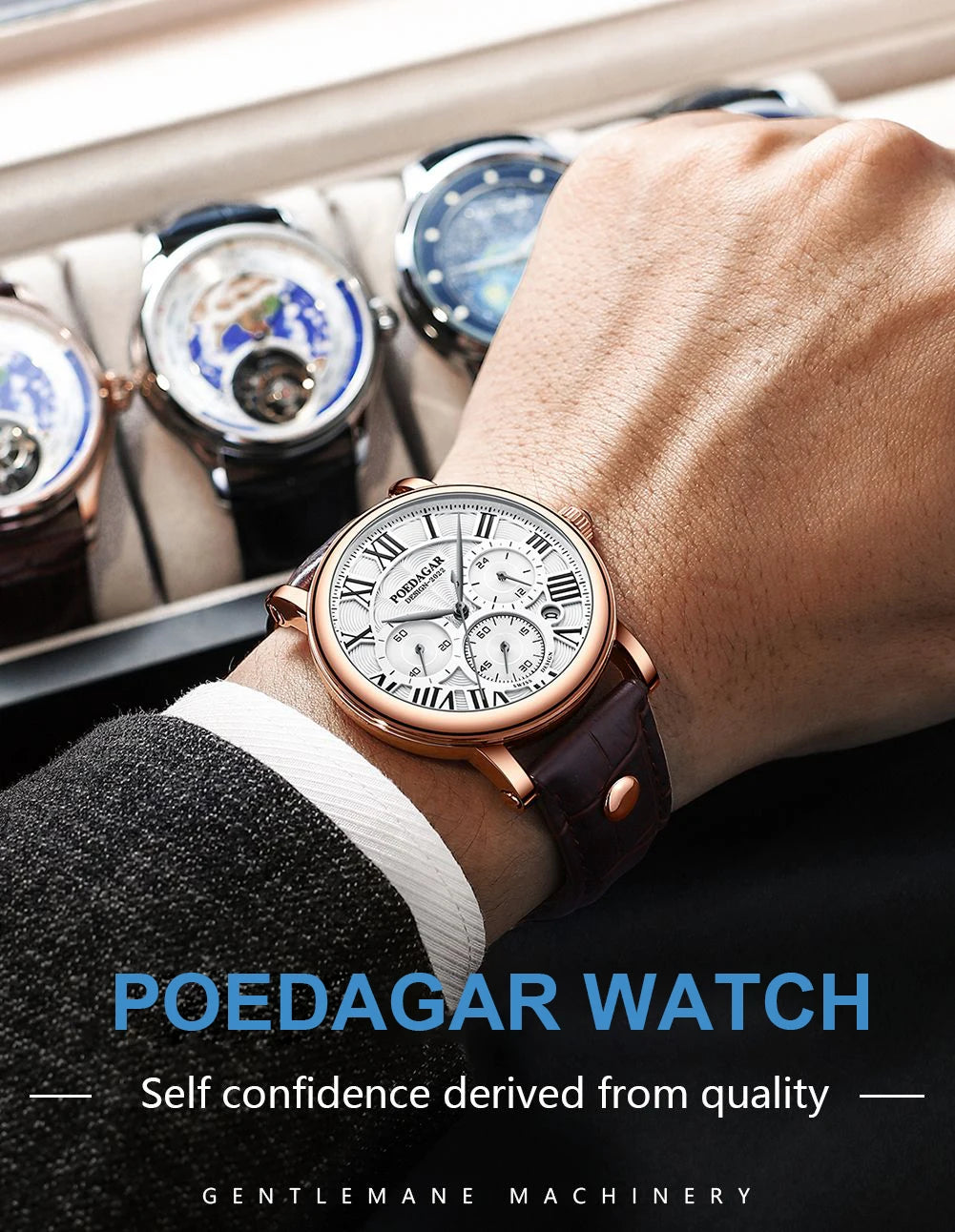Montre Homme POEDAGAR Luxe Chronographe — Date, Cuir, Étanche, Business
