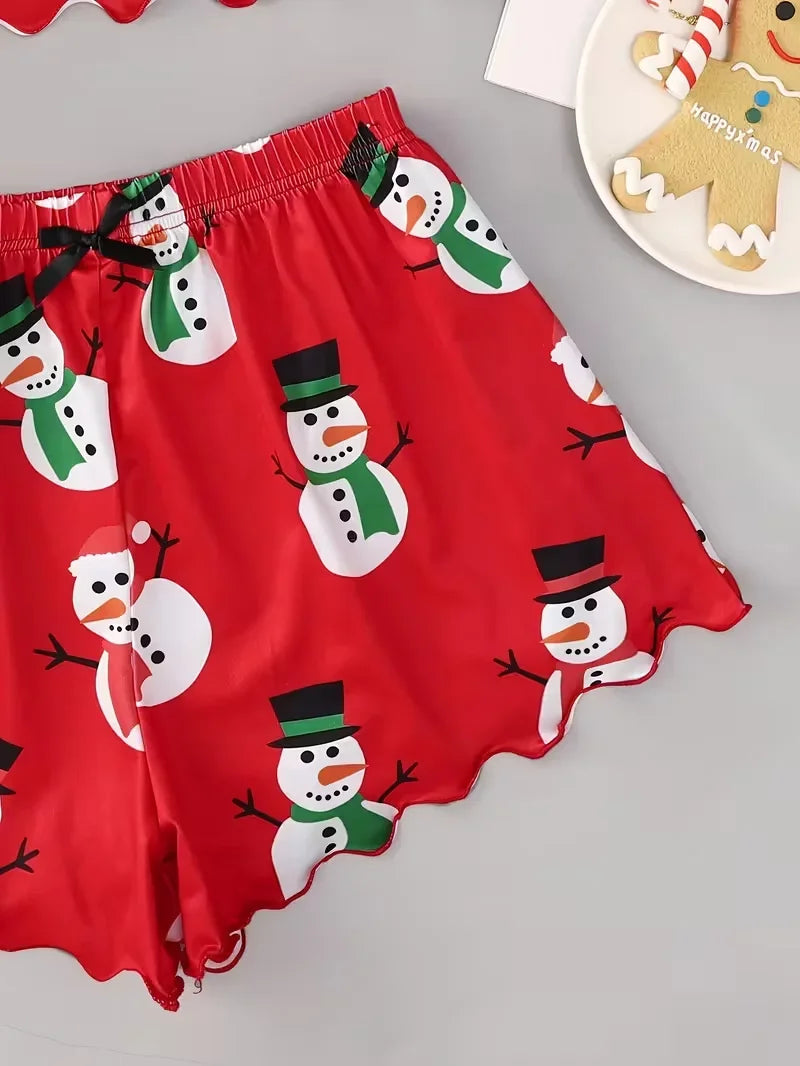 Pyjama Femme Noël Bonhomme de Neige — Bretelles, Col Rond, Top & Short Lounge