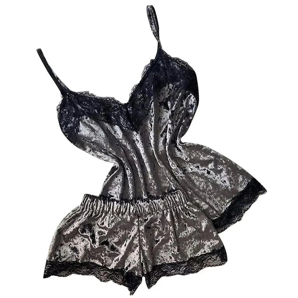Pyjama Femme Dentelle Satin 2 Pièces — Top Court & Short, Sexy Lounge Été