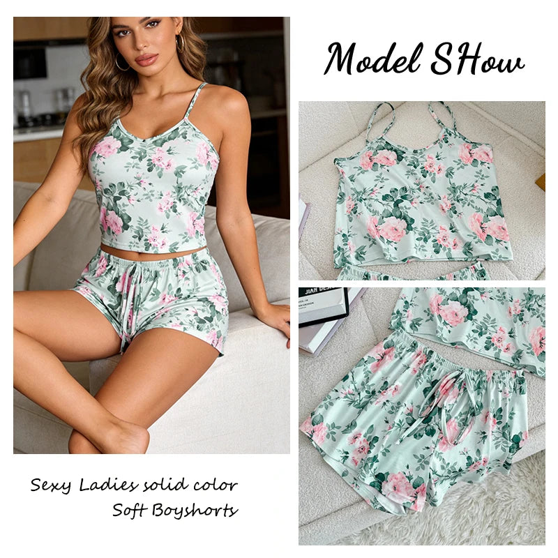 Pyjama Femme Sexy Satin Soie Glacée — Top Col Rond & Short, Imprimé, Respirant