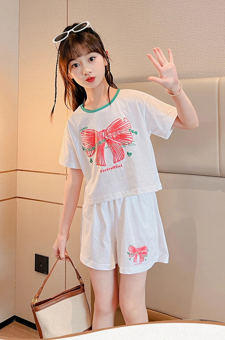 Ensemble 2 pièces filles – T-shirt imprimé nœud manches courtes & short sport, tenue été 2025