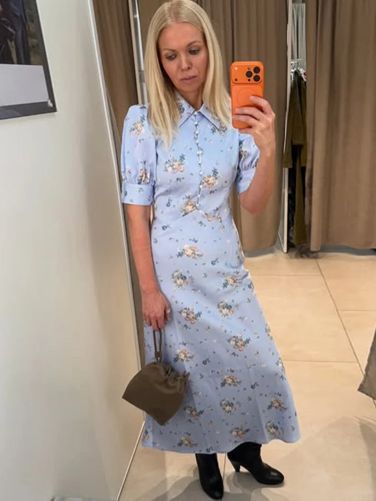 Robe Midi Imprimée Col V Profond — Manches Bouffantes, Taille Haute, Soirée 2026
