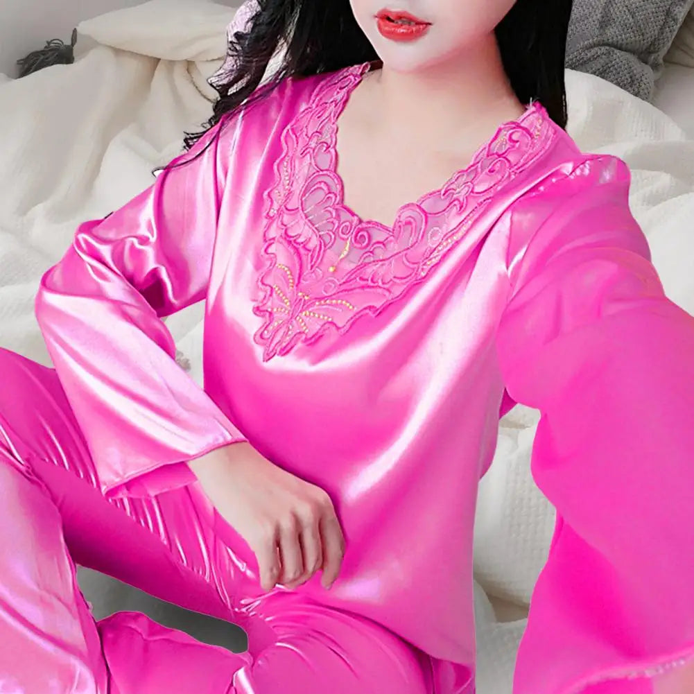 Pyjama Femme Soyeux Manches Longues 2025 — Col V, Dentelle Grande Taille, Lounge