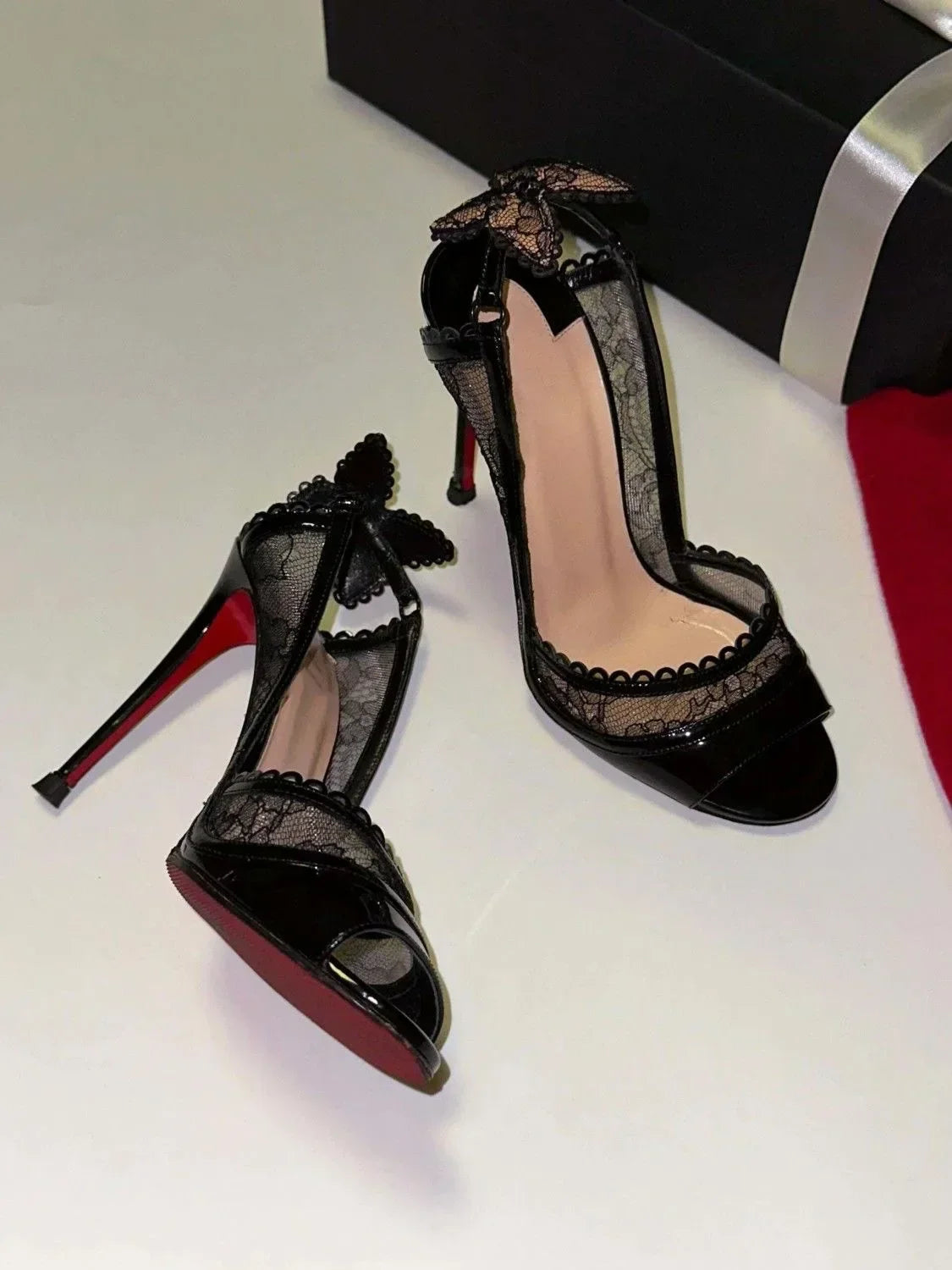 Sandales Femme Dentelle Nœud Talon Fin — Bout Ouvert, Sexy, Soirée & Banquet