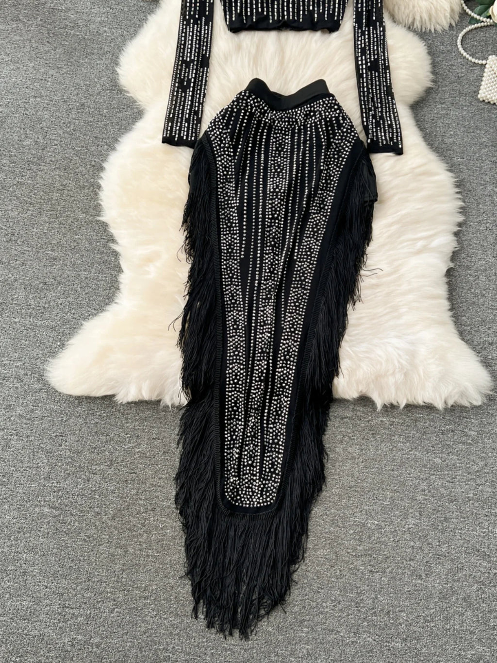 Ensemble Femme Manches Longues Sequins & Franges — Jupe Longue Tendance 2024