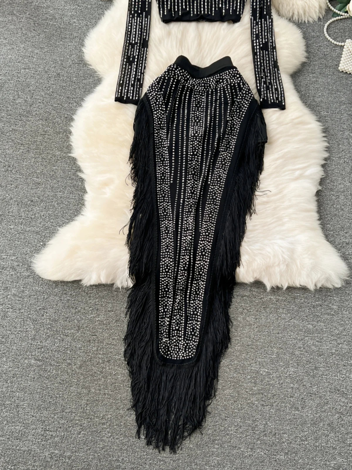 Ensemble Femme Manches Longues Sequins & Franges — Jupe Longue Tendance 2024