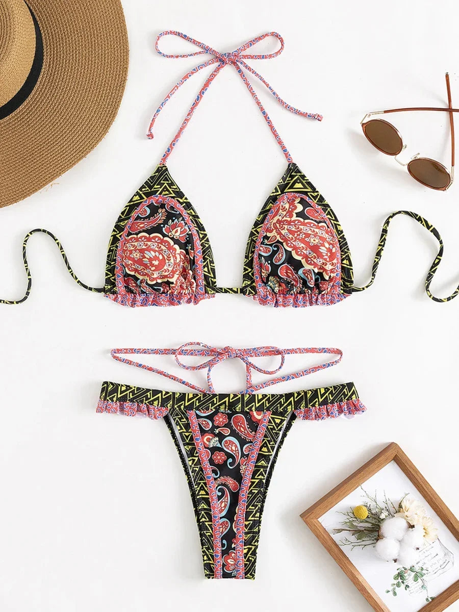 Bikini Halter Floral Volanté Femme — 2 Pièces, Tanga, Maillot de Bain Plage