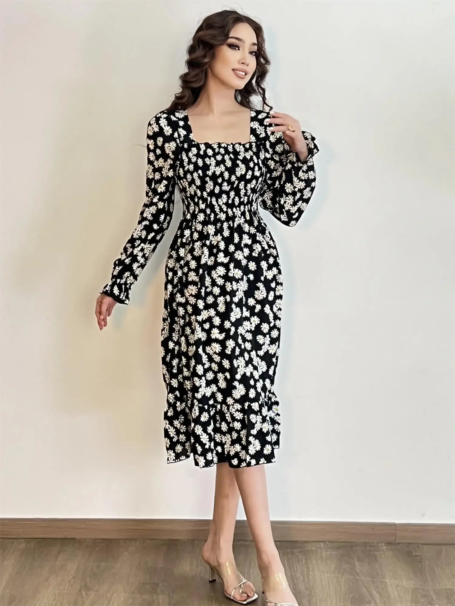 Robe Midi Femme Mousseline Manches Longues — Imprimé Floral Laçage