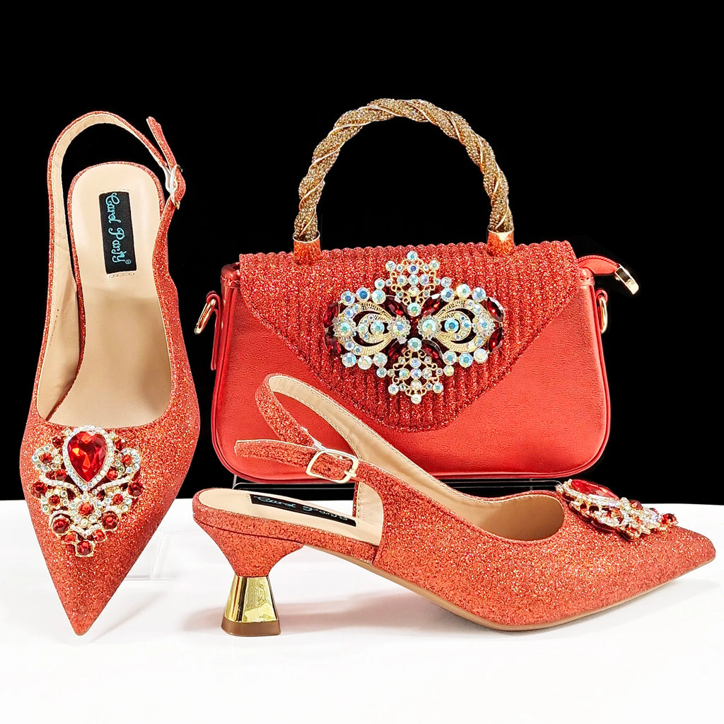 Ensemble Chaussures & Sac Femme Strass Magenta — Bout Pointu, Talon Haut, Mariage Soirée