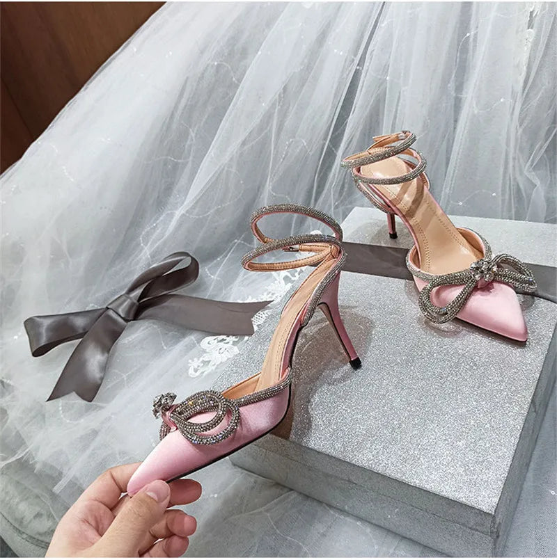 Escarpins Glitter Strass Noeud Soie Talon Fin — Bout Pointu, Boucle, Soirée Prom 2025
