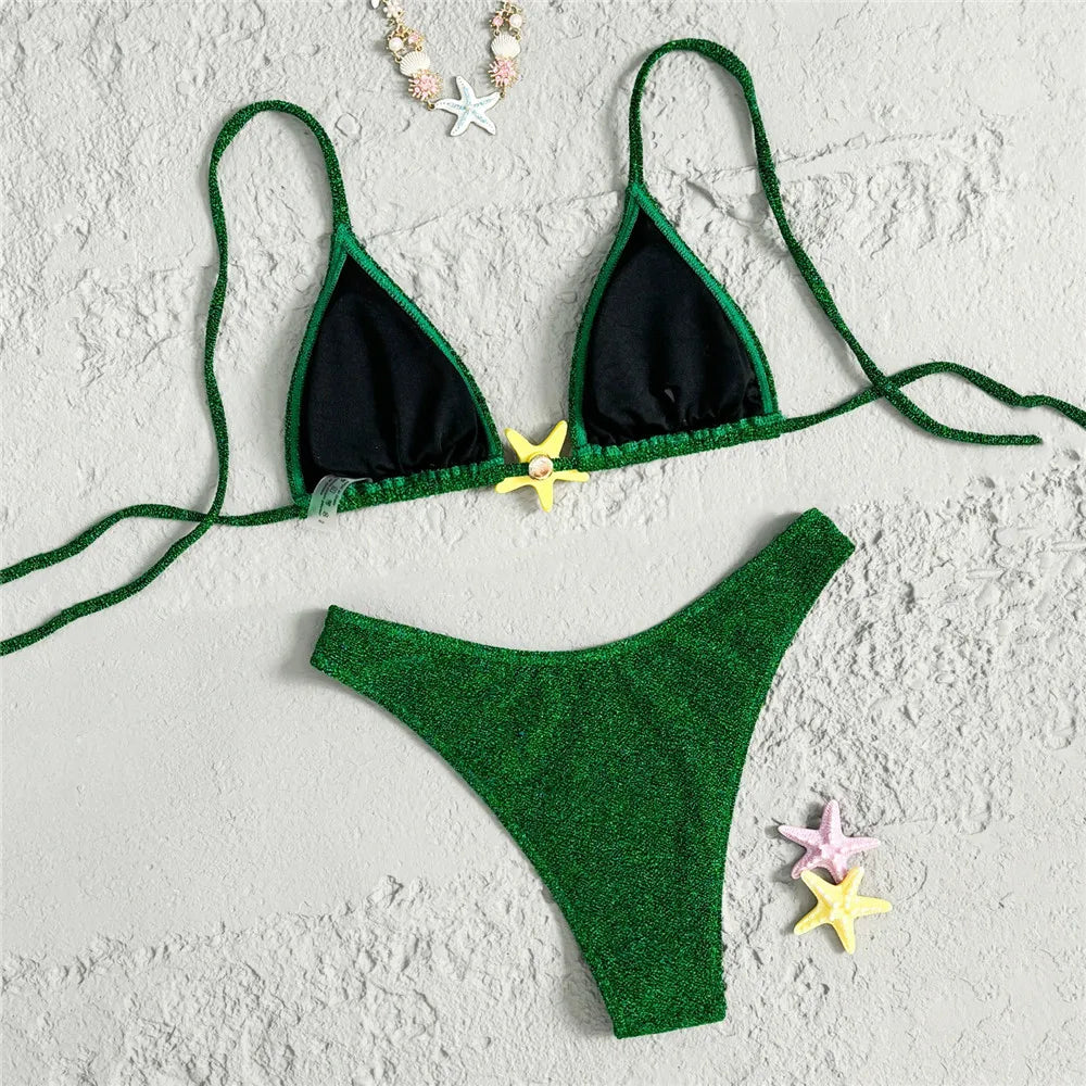 Bikini Étoile de Mer Vert Brillant 2026 — Triangle Halter, Taille Haute, Sexy Femme