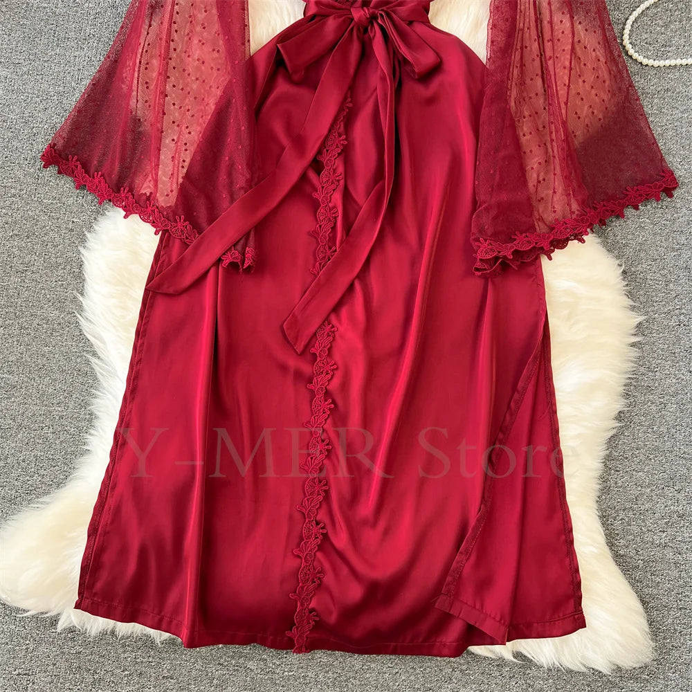 Robe de Chambre Kimono Dentelle Broderie — Longue, Satin Soie, Mariage & Nuit