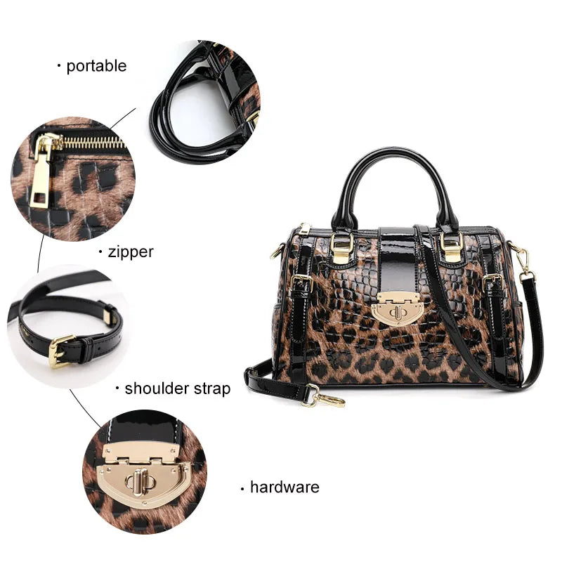 Sac Boston Femme Cuir Véritable Imprimé Léopard — Style Luxe Tendance