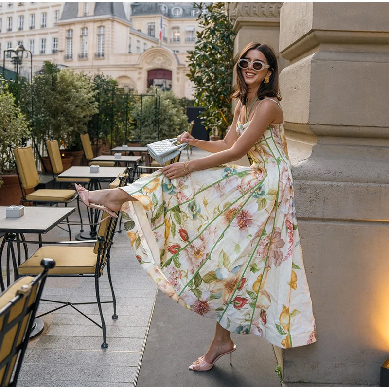 Robe Maxi Halter Corset Imprimé Floral 2026 — Sans Manches, Ligne A, Soirée Élégante