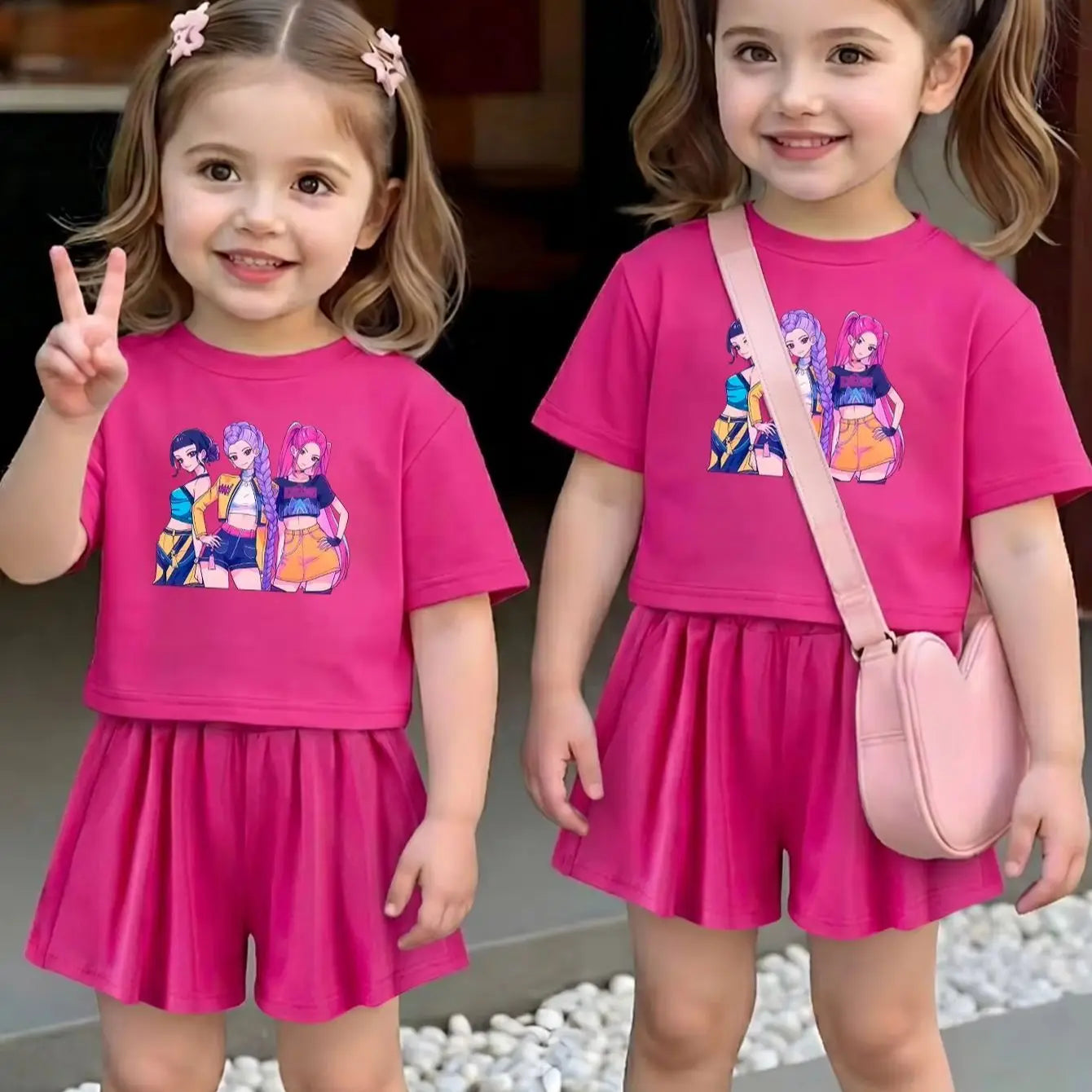 Ensemble 2 pièces filles – T-shirt imprimé cartoon & short à volants, jogging été 1-7 ans