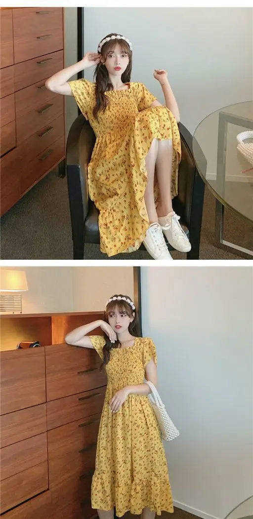 Robe Mini Femme Fleurie Plissée 2025 — Manches Courtes, Dos Nu, Décontractée