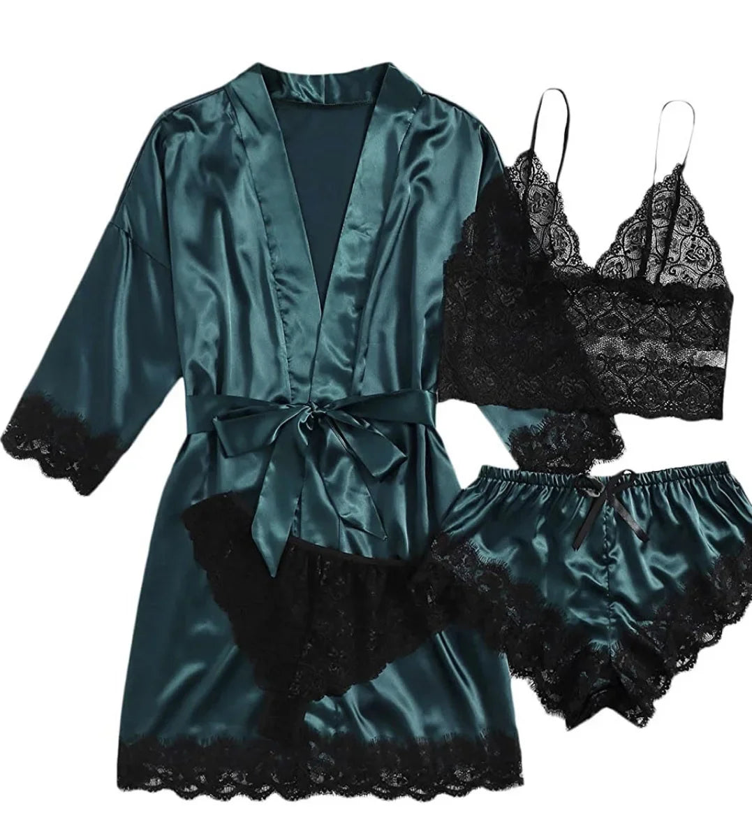 Ensemble Lingerie Femme 4 Pièces Dentelle — Nuisette, Short, Robe de Chambre, Sexy