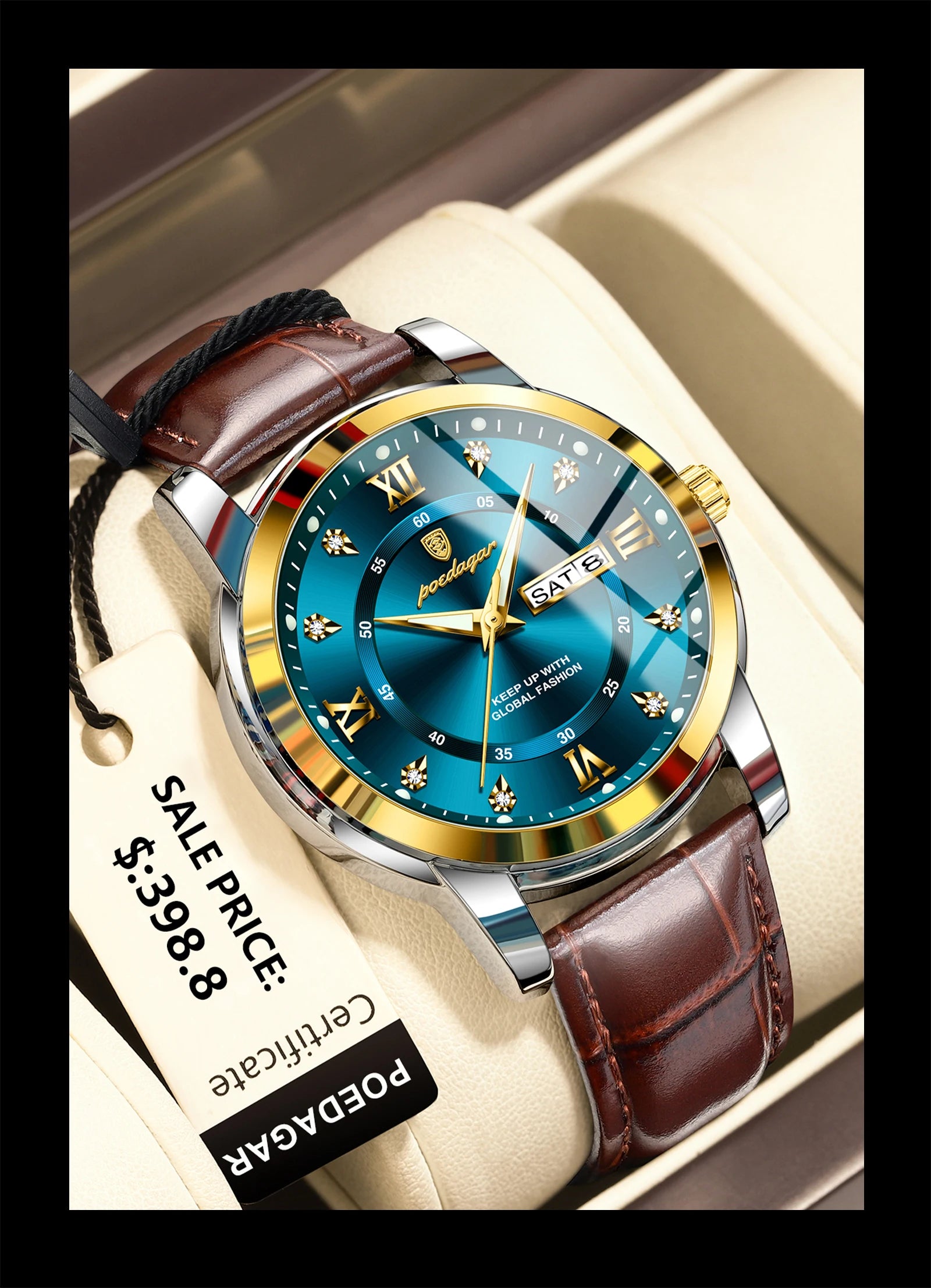 POEDAGAR Montre Homme Cuir Luxe — Quartz Élégant, Bracelet Cuir, Top Qualité