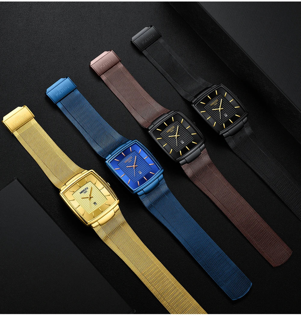 NIBOSI Montre Homme Luxe Carrée Quartz — Maille Ultra-Fine, Étanche, Lumineux