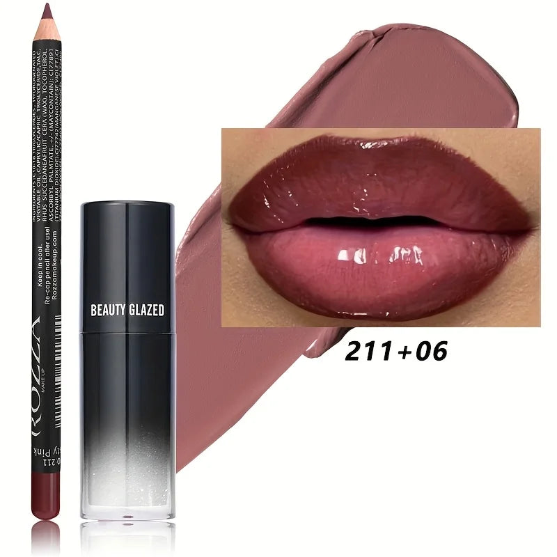 Set 2 Pièces Crayon Lèvres + Huile Lèvres Waterproof Hydratant — Longue Tenue