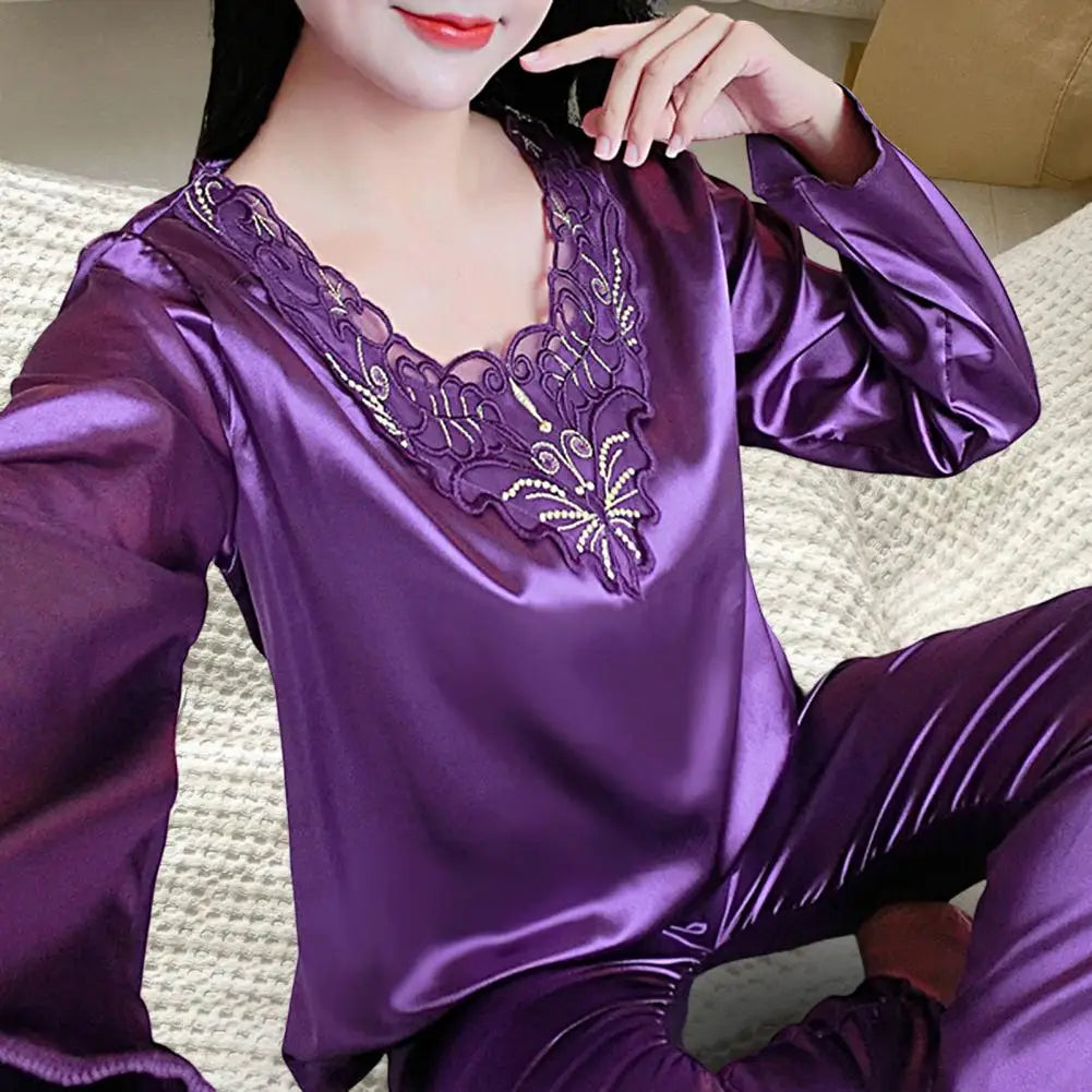 Pyjama Femme Soyeux Manches Longues 2025 — Col V, Dentelle Grande Taille, Lounge