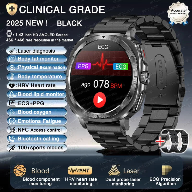 Montre Connectée Santé ECG Laser 2025 — Tension Artérielle, Acide Urique, NFC, Appels