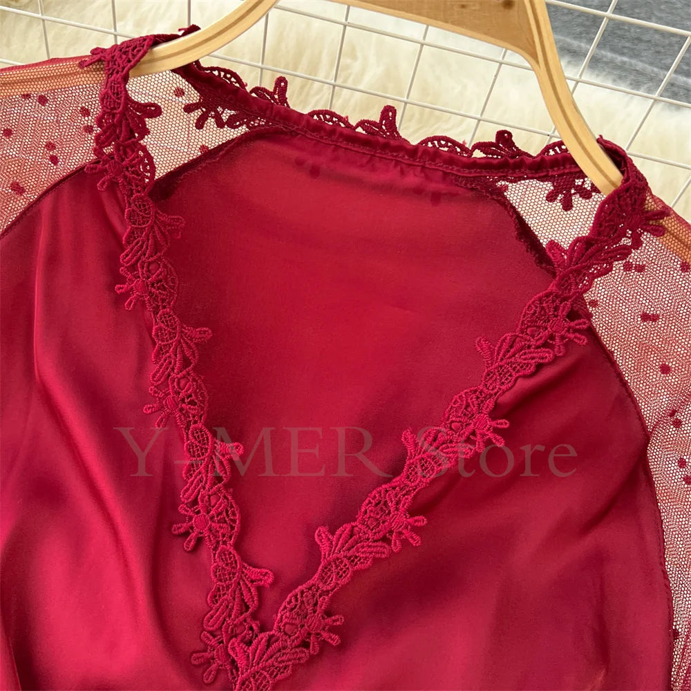 Robe de Chambre Kimono Dentelle Broderie — Longue, Satin Soie, Mariage & Nuit