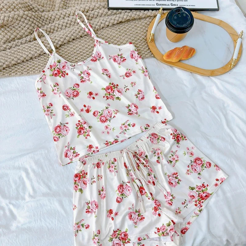 Pyjama Femme Soie Glacée Imprimé — Top Col Rond & Short, Respirant & Confortable