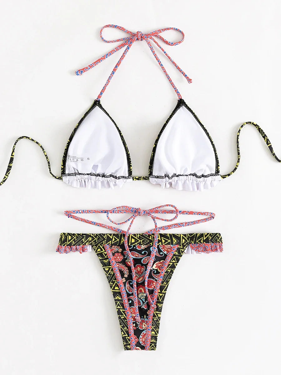 Bikini Halter Floral Volanté Femme — 2 Pièces, Tanga, Maillot de Bain Plage
