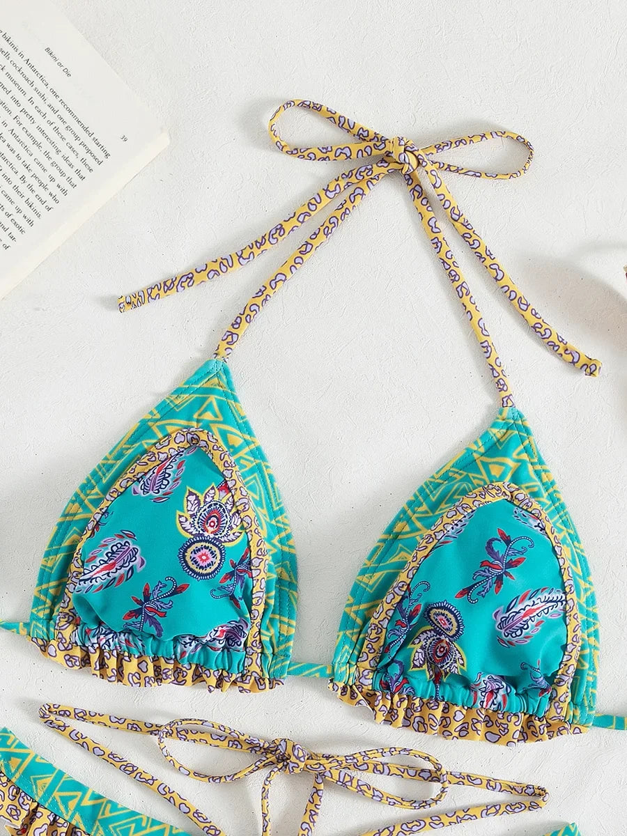 Bikini Halter Floral Volanté Femme — 2 Pièces, Tanga, Maillot de Bain Plage