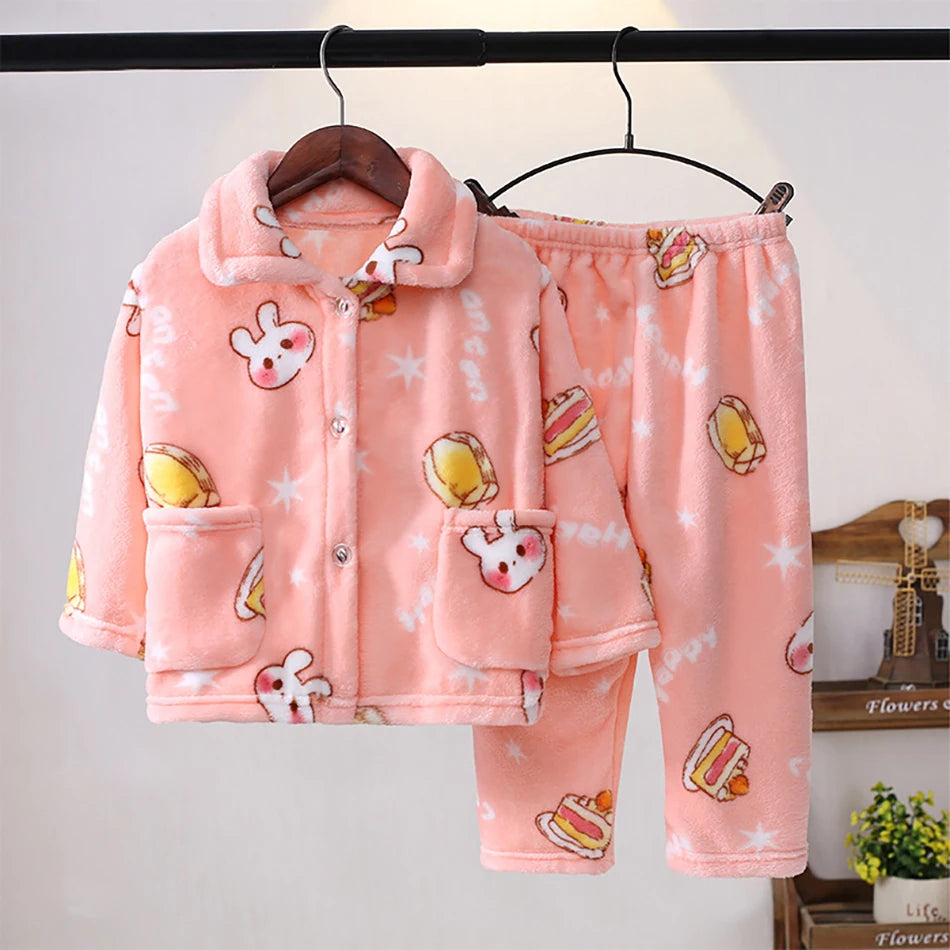 Pyjama Enfant Polaire Cartoon — Manches Longues, Chaud Hiver, Garçon & Fille