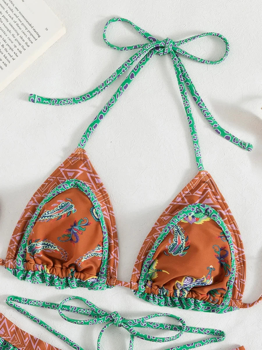 Bikini Halter Floral Volanté Femme — 2 Pièces, Tanga, Maillot de Bain Plage