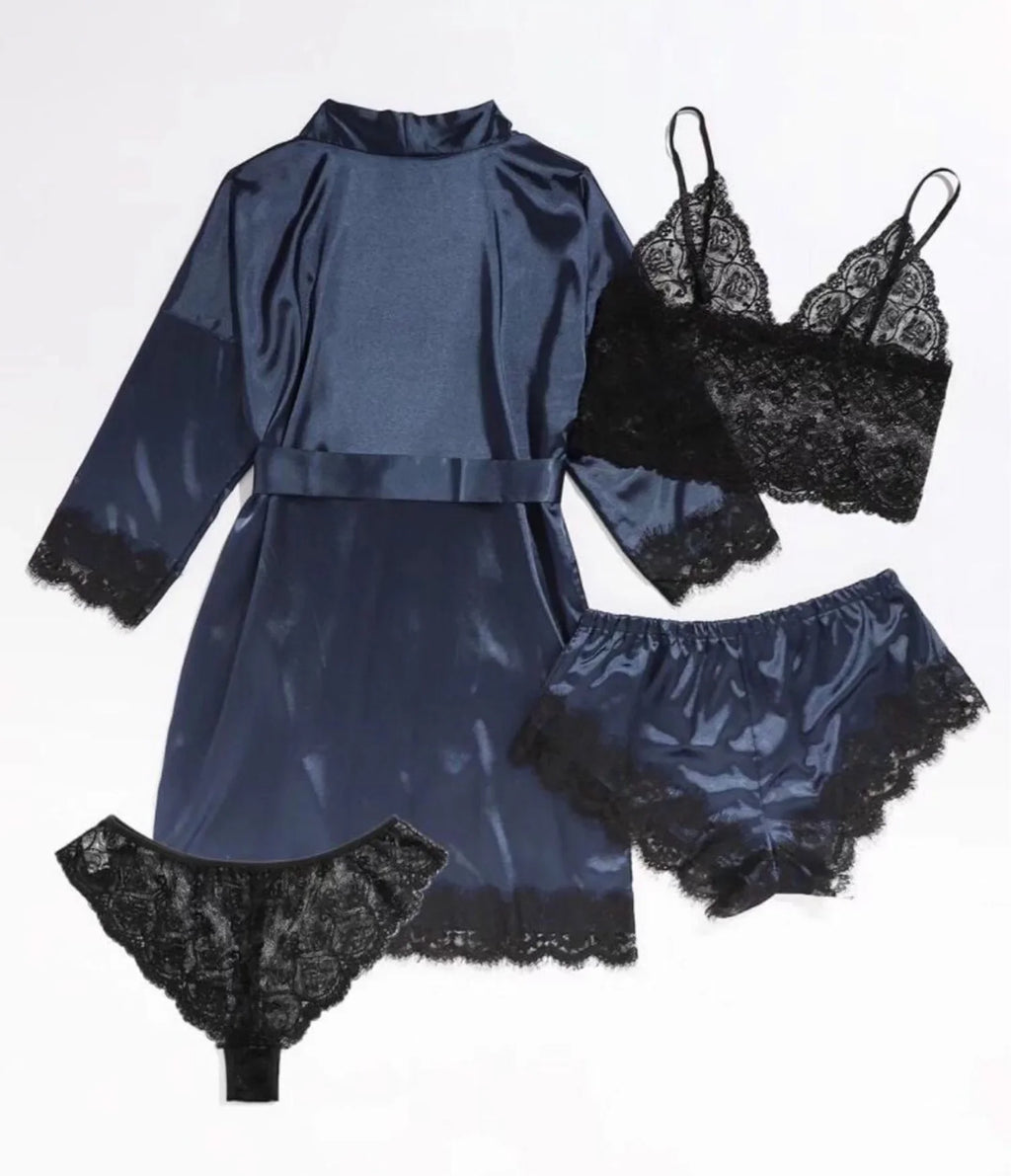Ensemble Lingerie Femme 4 Pièces Dentelle — Nuisette, Short, Robe de Chambre, Sexy