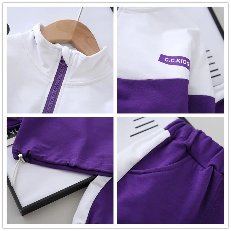Ensemble Enfant Veste + Pantalon — Coton Uni, Printemps Automne, Garçon Fille 2 Pièces
