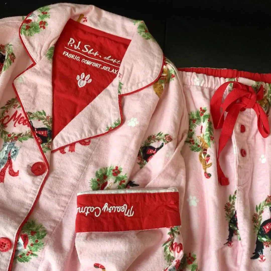 Ensemble Pyjama Femme Coton — Imprimé Cartoon Mignon, 2 Pièces, Manches Longues, Automne