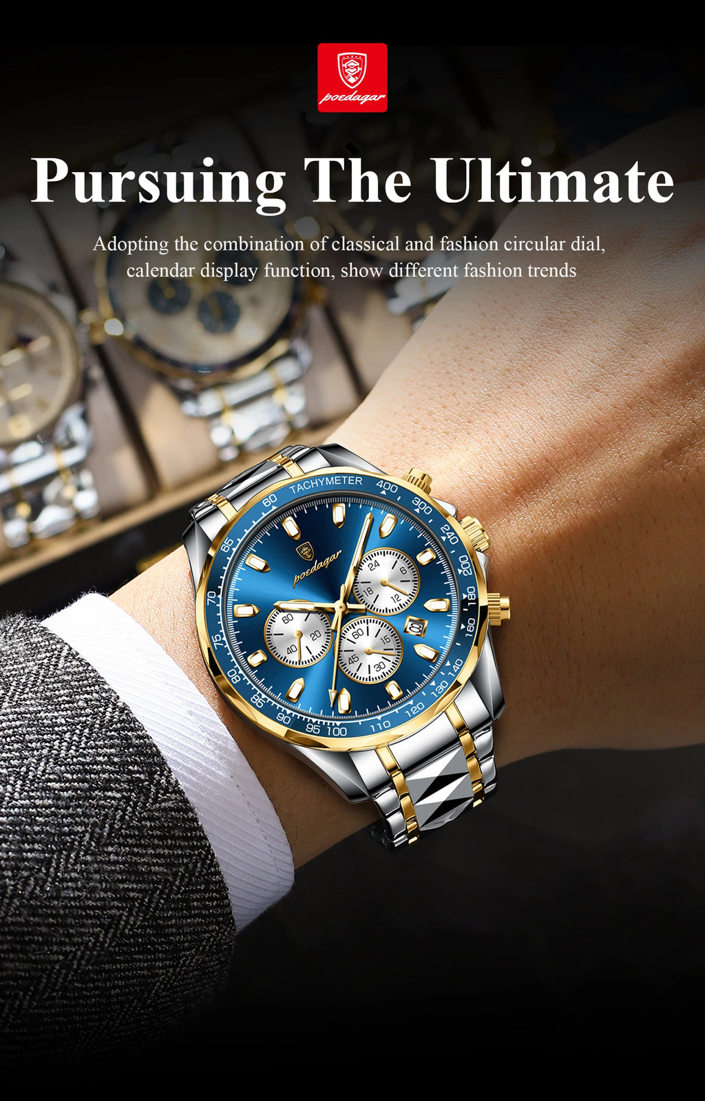 POEDAGAR Montre Homme Sport Luxe Chronographe — Acier Inoxydable, Étanche, Lumineuse
