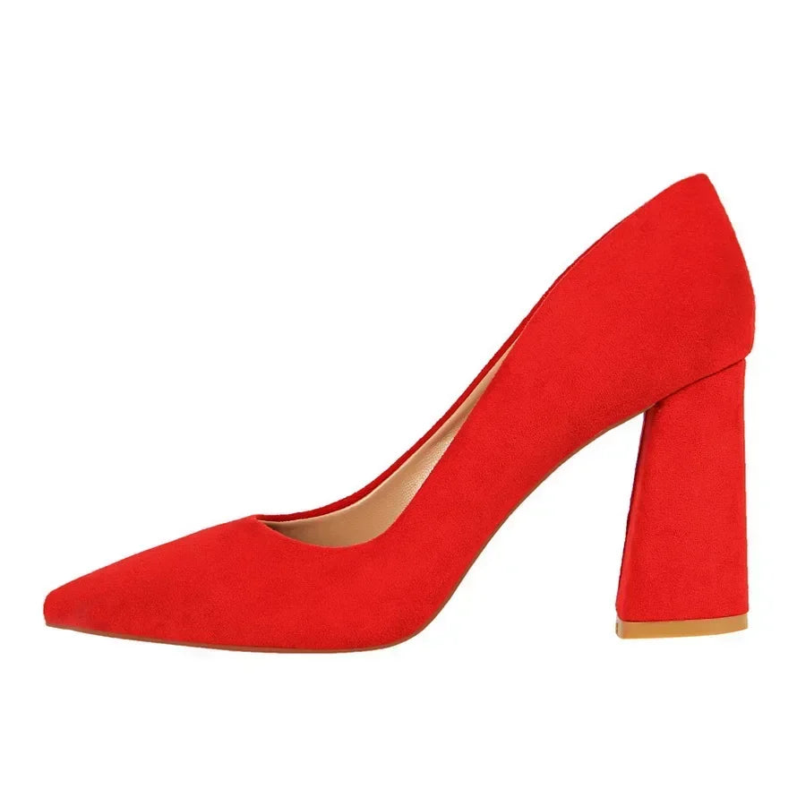 Escarpins Suède Talon Bloc 8.5cm Femme — Rouge Kaki, Soirée Danse Nightclub