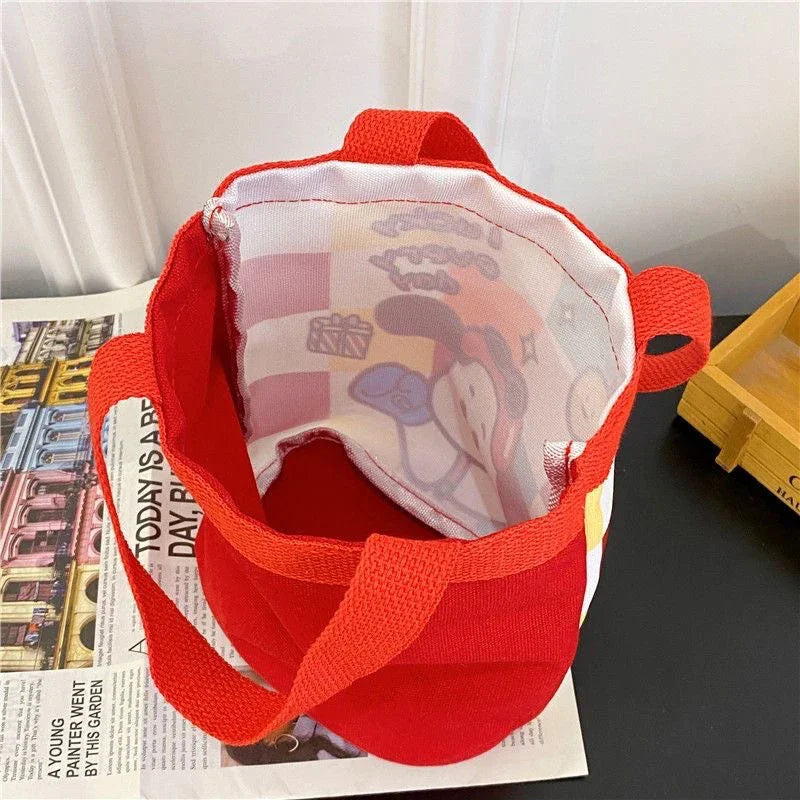 Sac Seau Toile Cartoon Imprimé — Tote Portable Cylindrique, Lunch Bag Fille Étudiante