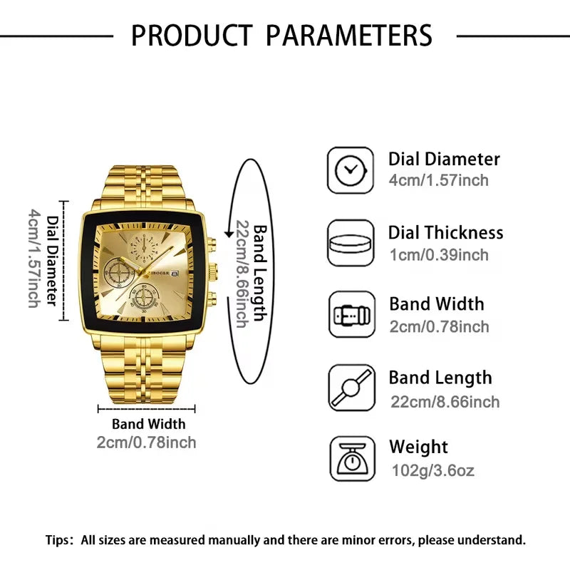 Montre Homme Luxe Carrée Quartz — Acier Inoxydable, Calendrier, Business (Sans Boîte)